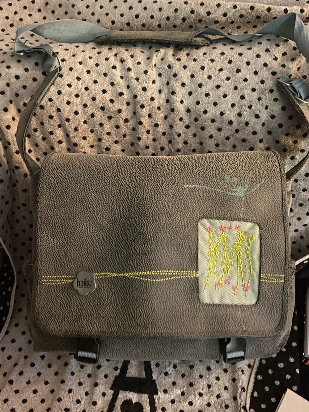 Haiku Olive Messenger Bag with Embroidered Patch